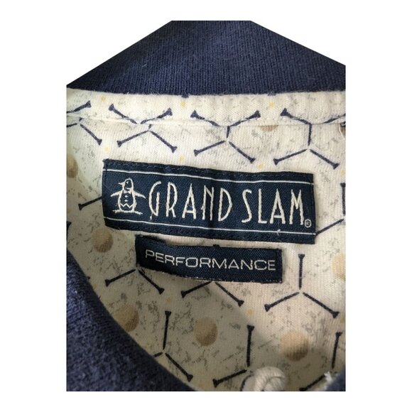 Grand Slam Mens XL Performance Golf Polo Shirt Golf Ball Print Blue Beige - Picture 2 of 11
